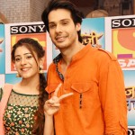 Hiba Nawab as Elaichi and Nikhil Khurana as Pancham during the 100 episodes completion celebrations  of Sony SAB's Jijaji Chhat Per Hain