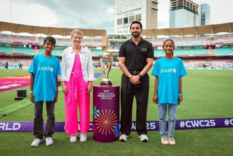Photo credits UNICEF and ICC. Pic1- Ayushmann trophy walkout 26.Oct25